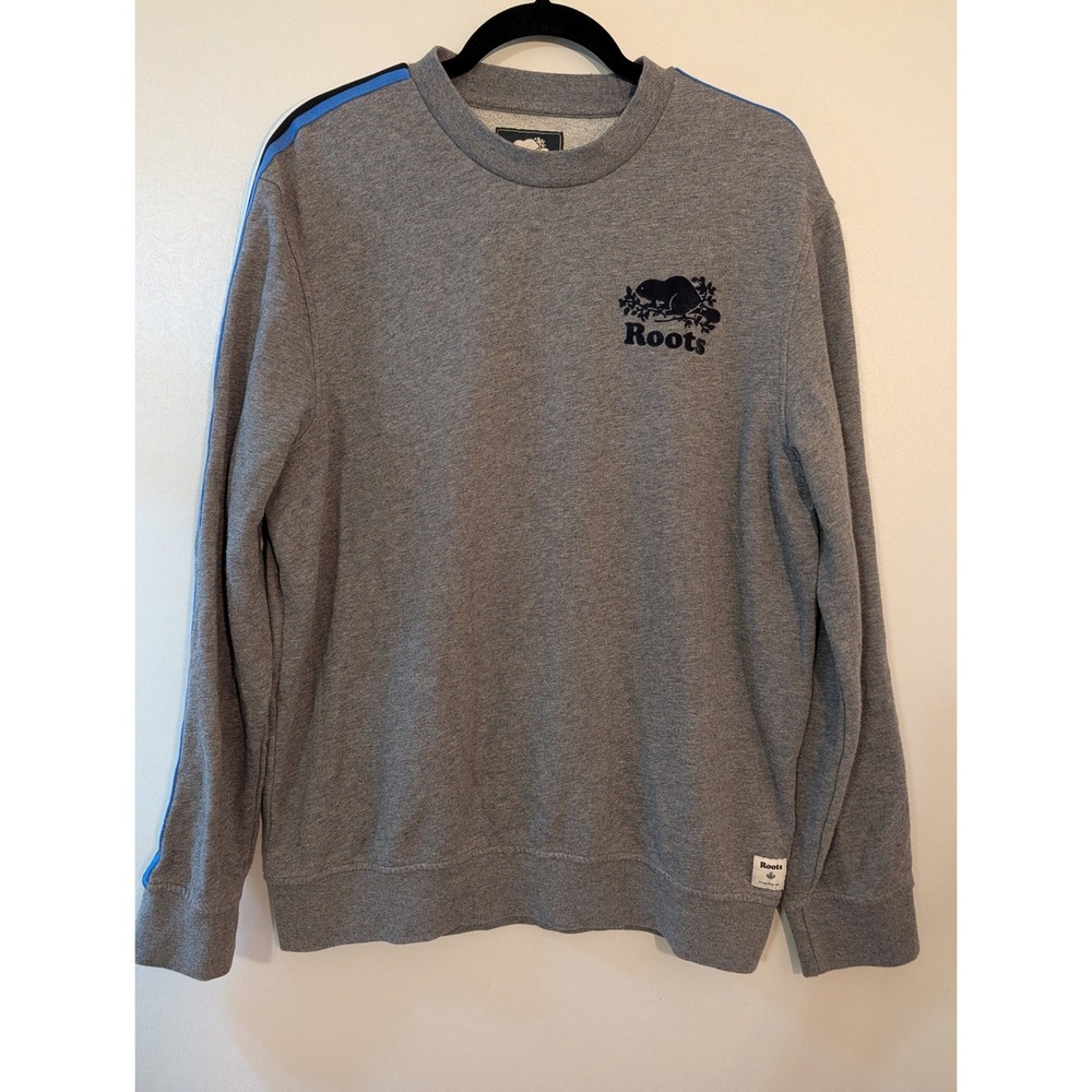 Roots Mens Gray Crewneck Sweatshirt Beaver Logo Sleeve Stripes Size Medium